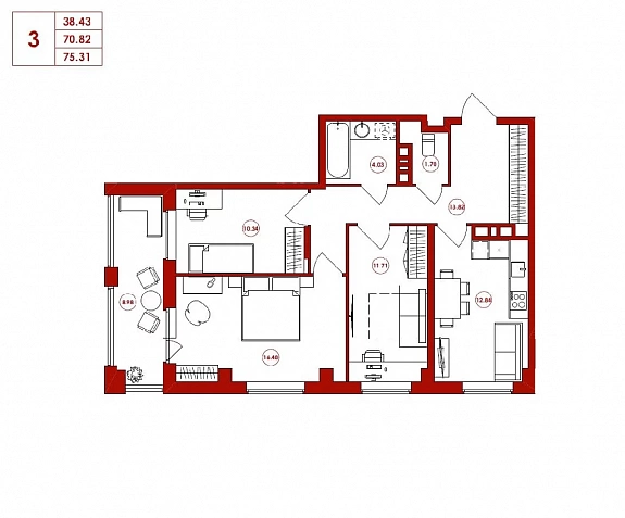75.31 м², 3-комнатная квартира