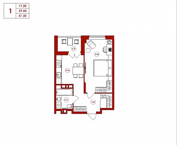 41.3 м², 1-комнатная квартира