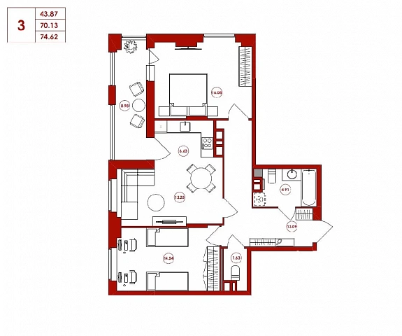 74.62 м², 3-комнатная квартира