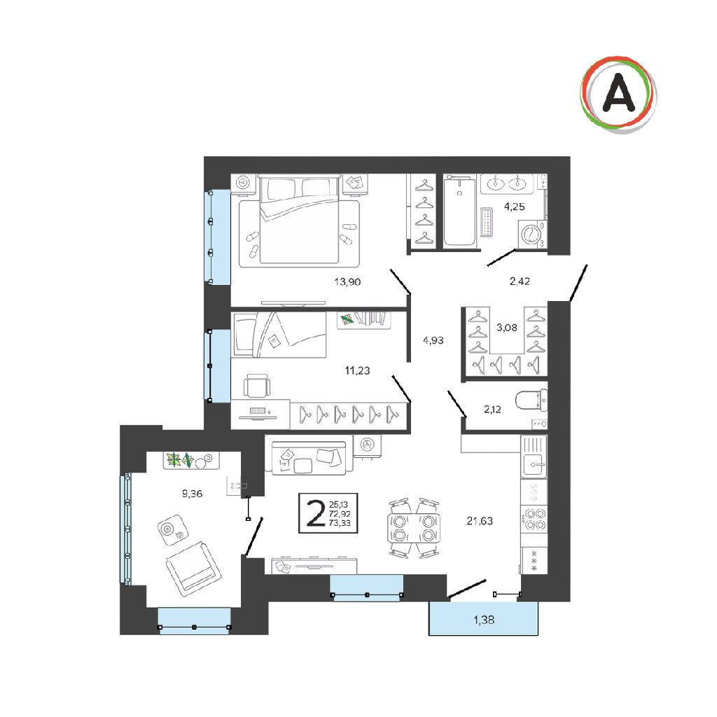 2 комнаты, 73.4&nbsp;м²