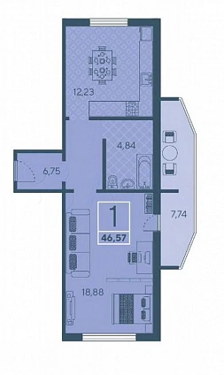 46.5 м², 1-комнатная квартира
