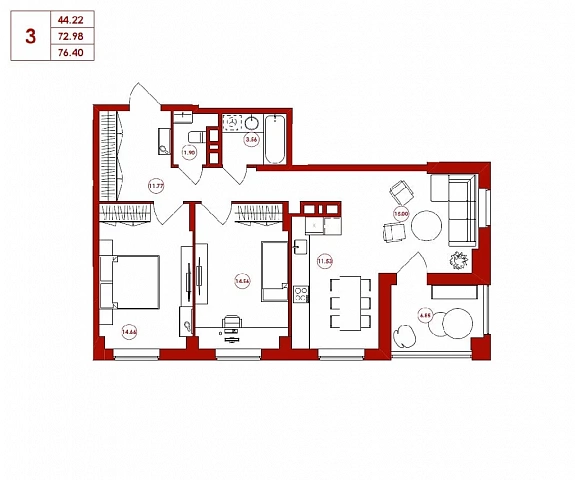 76.4 м², 3-комнатная квартира