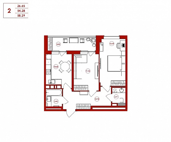 58.29 м², 2-комнатная квартира
