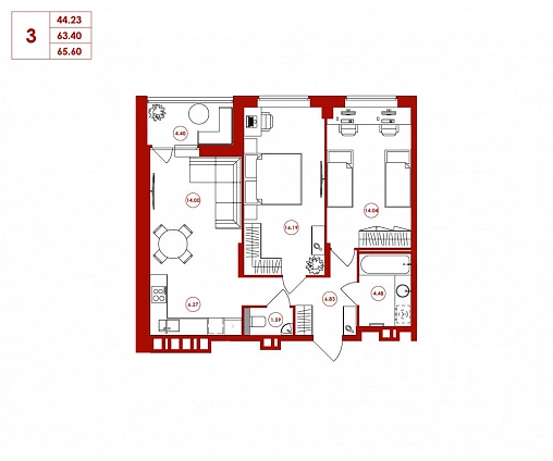 65.6 м², 3-комнатная квартира