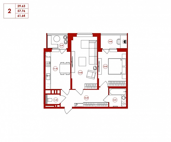 61.64 м², 2-комнатная квартира