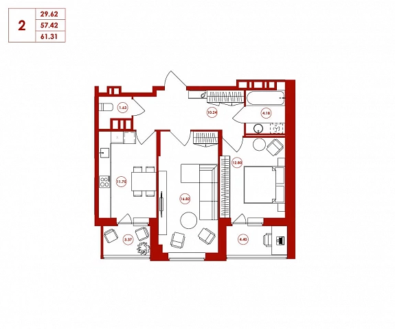 61.31 м², 2-комнатная квартира