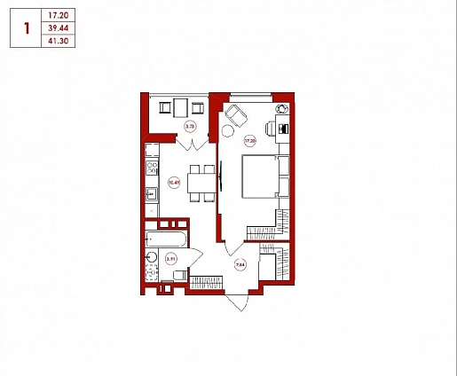 41.3 м², 1-комнатная квартира