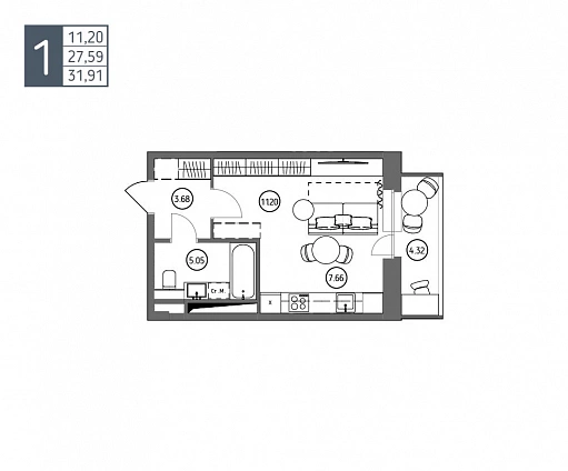 31.91 м², 1-комнатная квартира