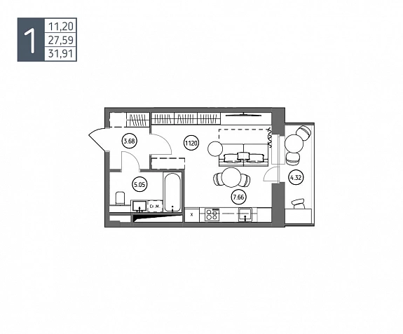 31.91 м², 1-комнатная квартира