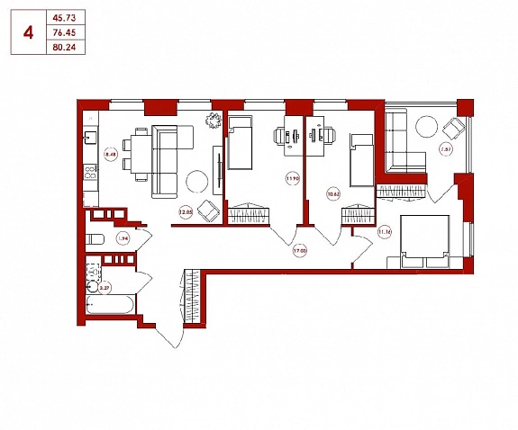 80.24 м², 4-комнатная квартира