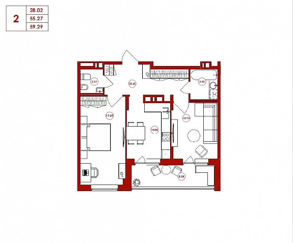 59.29 м², 2-комнатная квартира