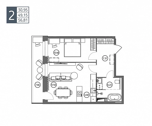 56.81 м², 2-комнатная квартира