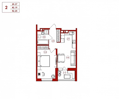 42.25 м², 2-комнатная квартира