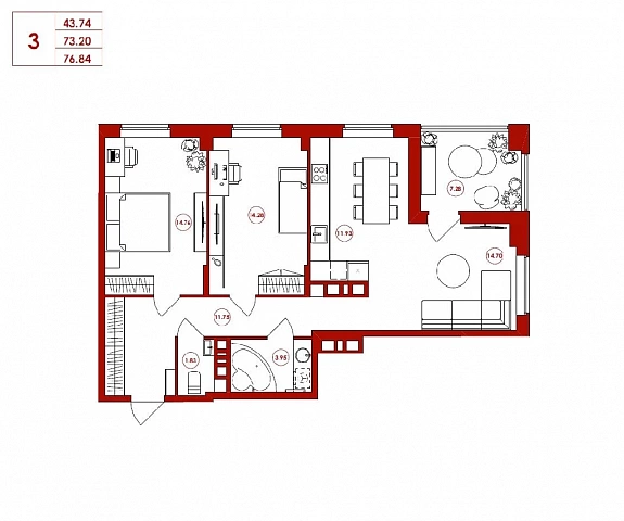 76.84 м², 3-комнатная квартира
