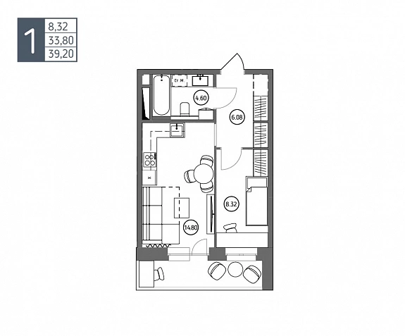 39.2 м², 1-комнатная квартира
